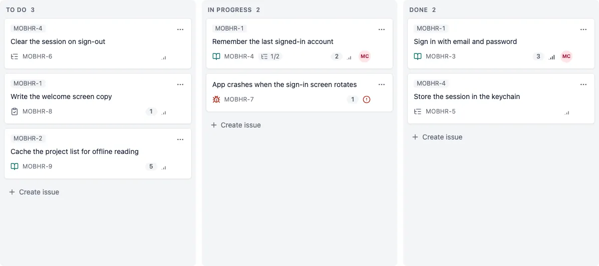 Board columns up close: issue cards with keys, points, priority and assignee