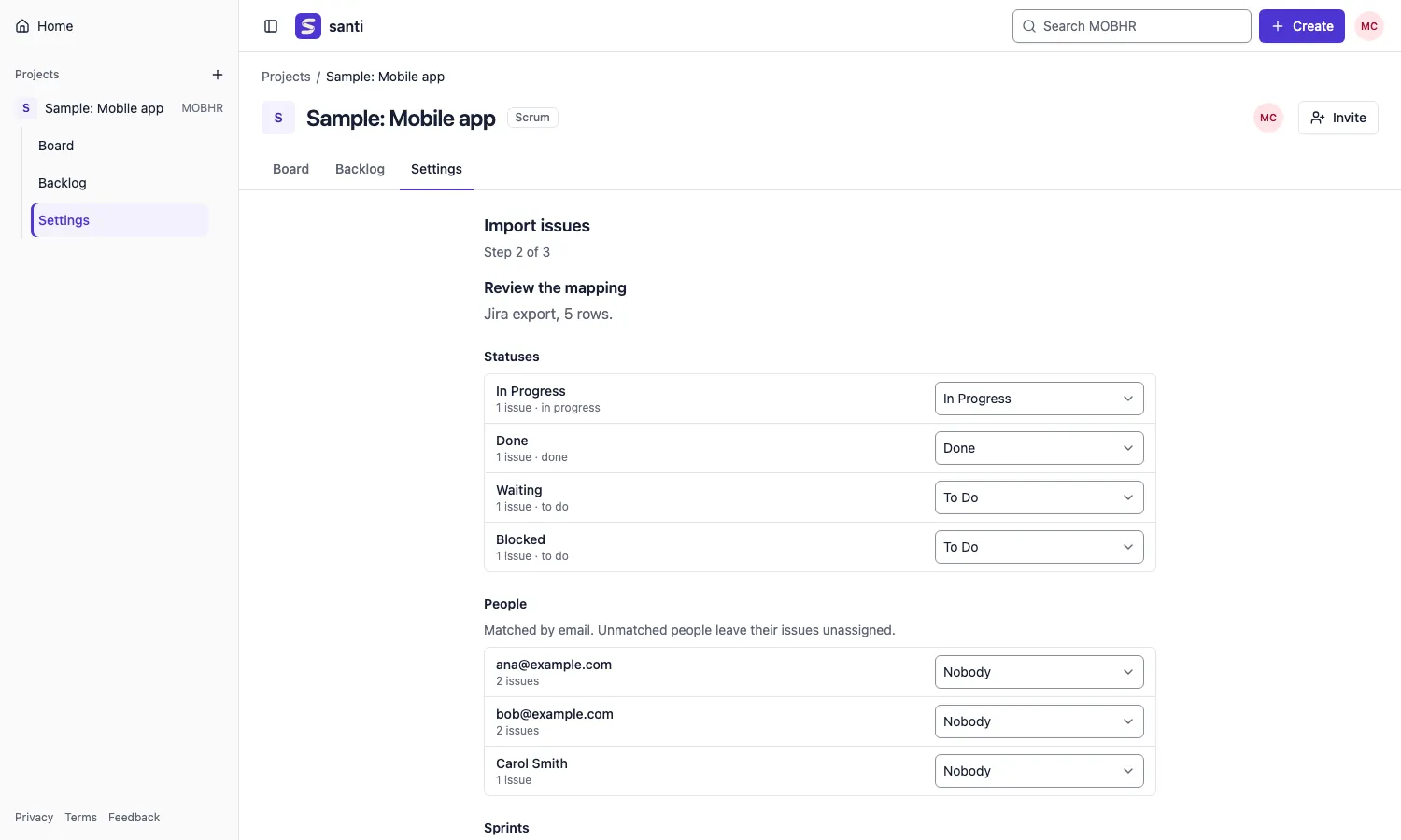 The import review: how a CSV export maps onto the project before importing