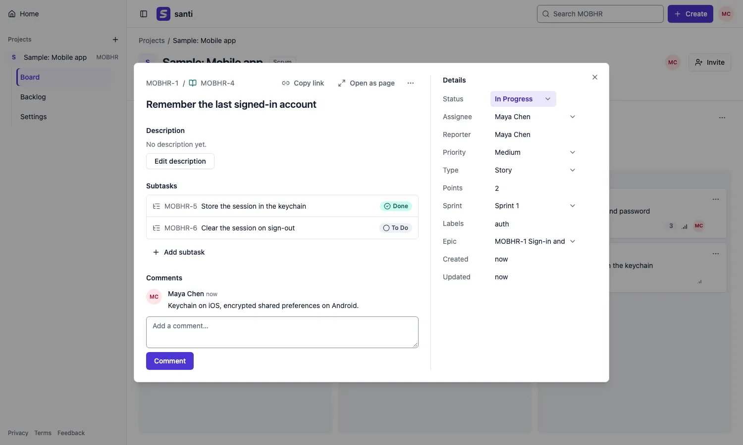 An issue open in a dialog over the board